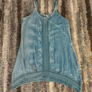 Raya Sun Blue Embroidered Sleeveless Tunic Tank Top or Mini Dress L